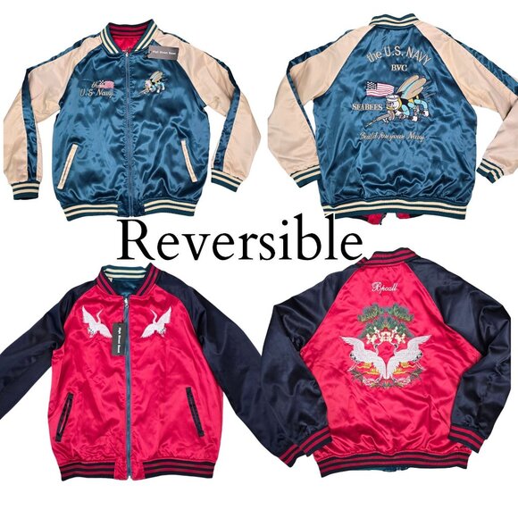 Reversible Satin Bomber Jacket U.S. Navy Seabees Embroidery & Cranes Design M - Picture 2 of 16